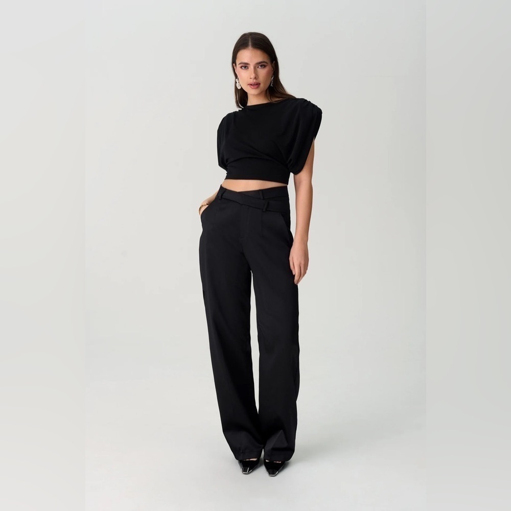 Adoore Gent Asymmetric Satin Wide Leg Pants in Black